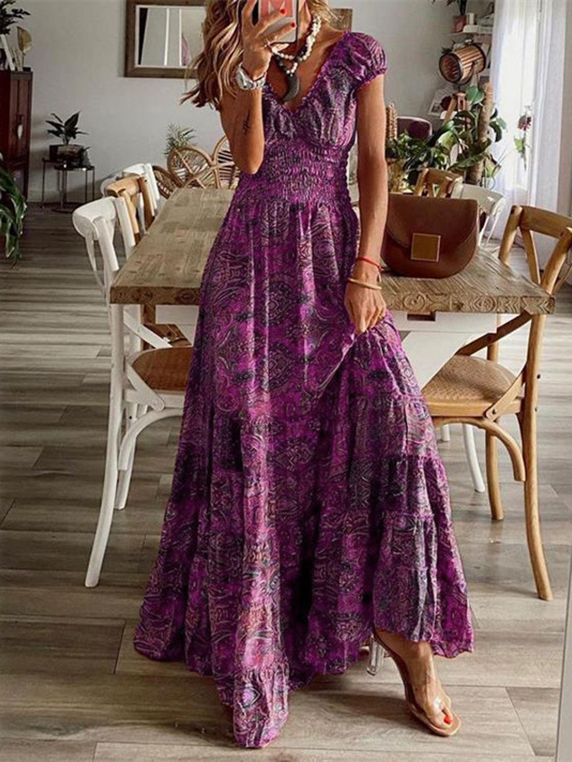 Full Size Smocked Printed V-Neck Short Sleeve Dress Deep Purple S 