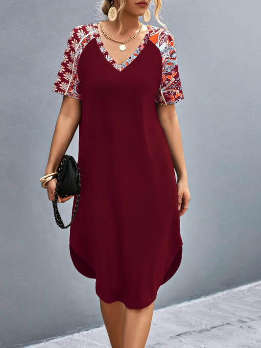 Printed V-Neck Short Sleeve Dress Burgundy S 