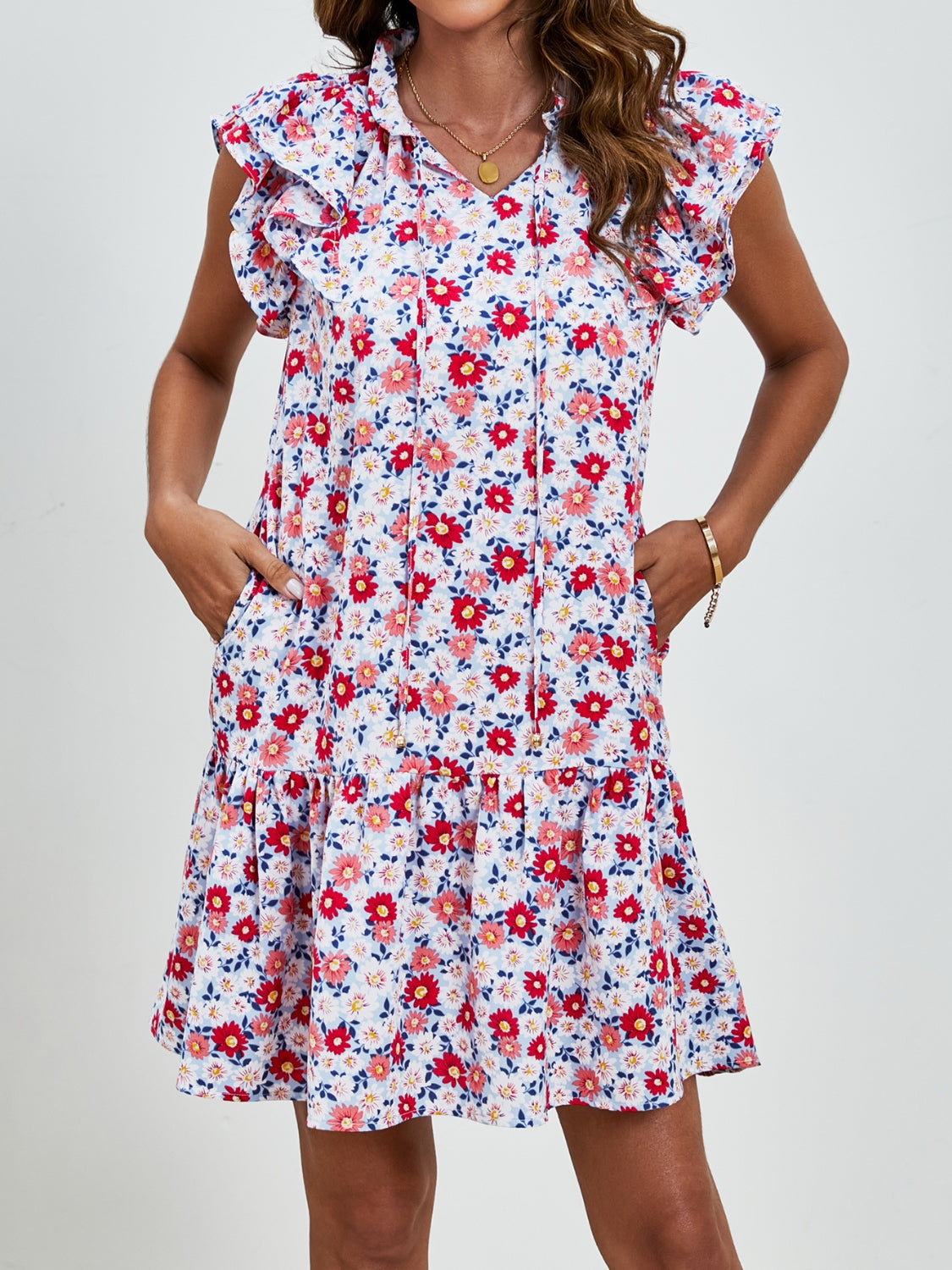 Tied Floral Cap Sleeve Mini Dress   