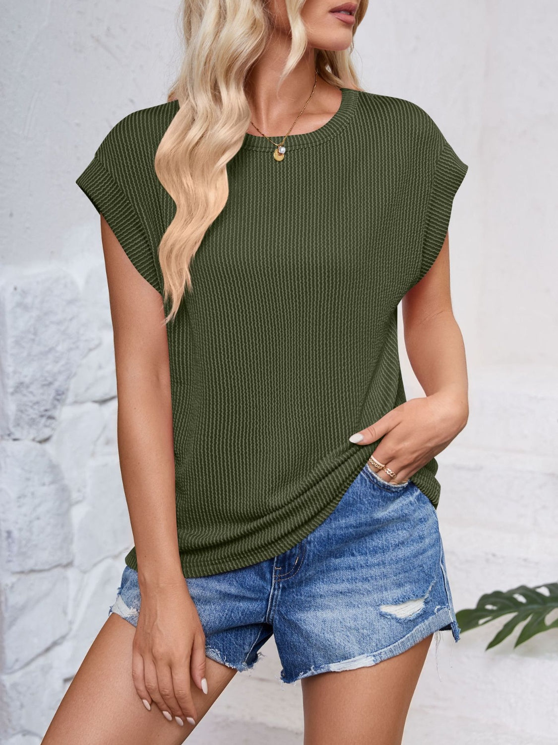 Textured Round Neck Cap Sleeve Blouse   