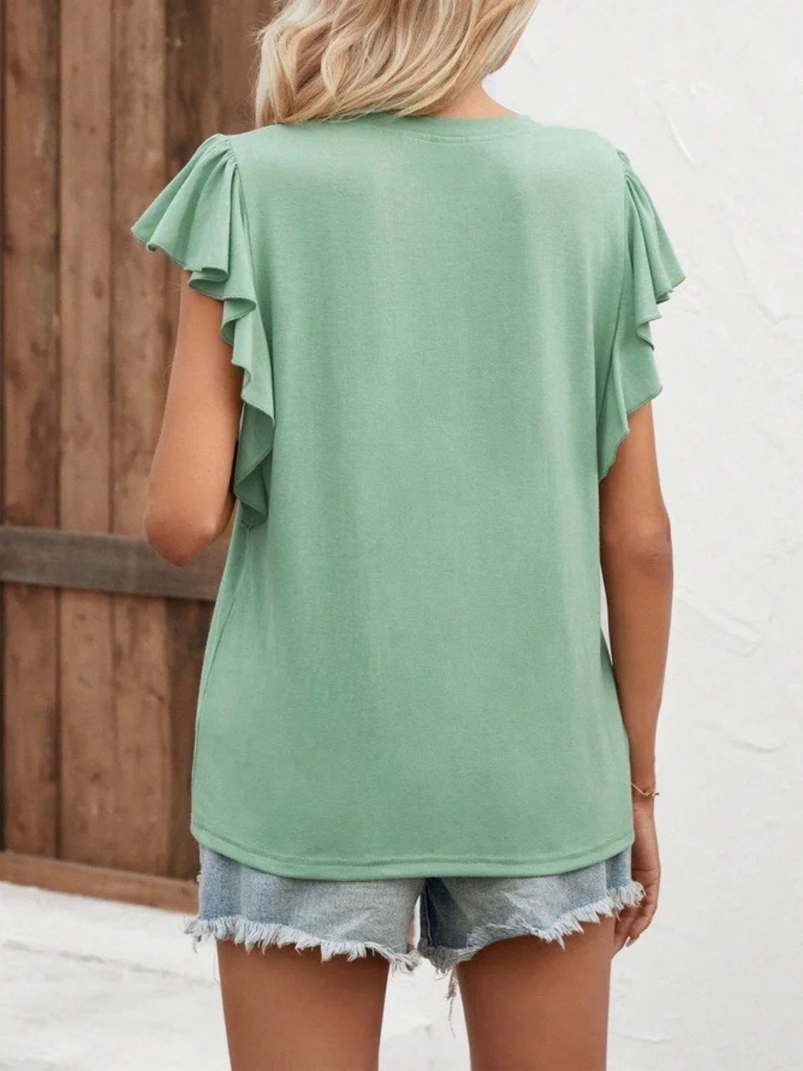 STUNNLY  Full Size Ruffled Notched Cap Sleeve T-Shirt   