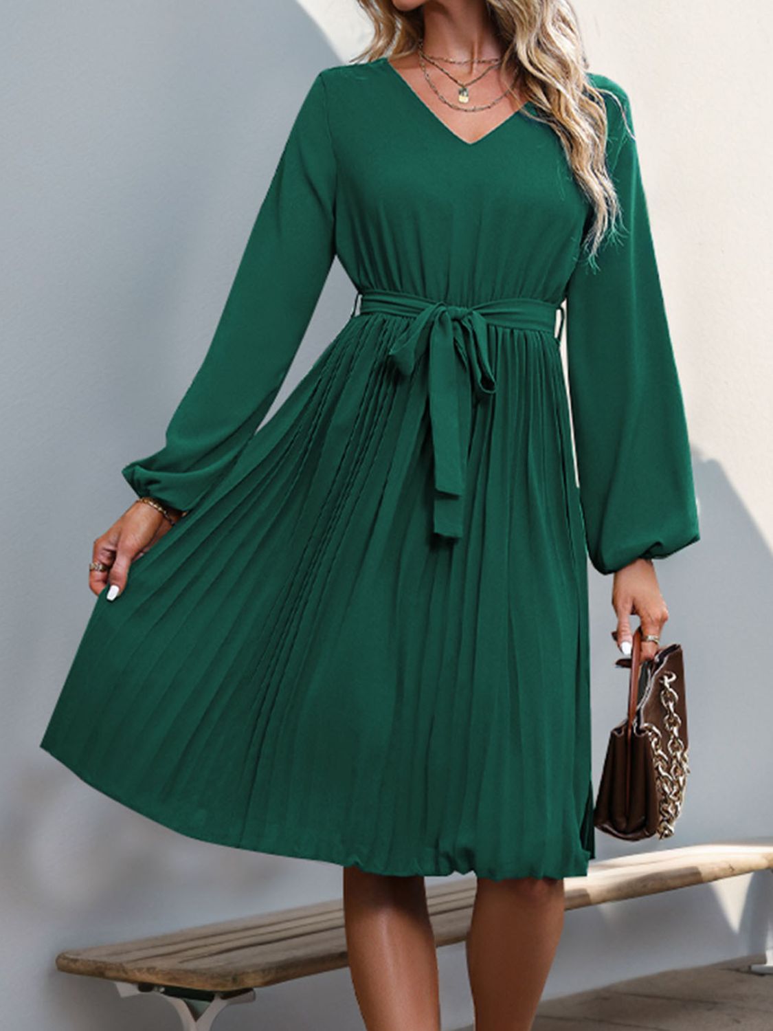 Lace V-Neck Long Sleeve Pleated Dress   