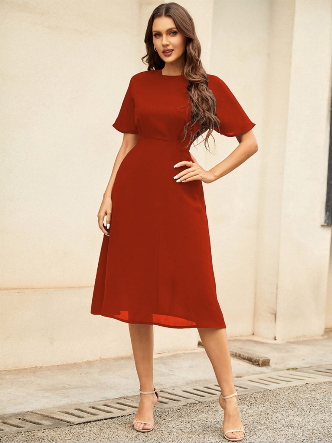 Round Neck Short Sleeve Midi Dress Deep Red S 