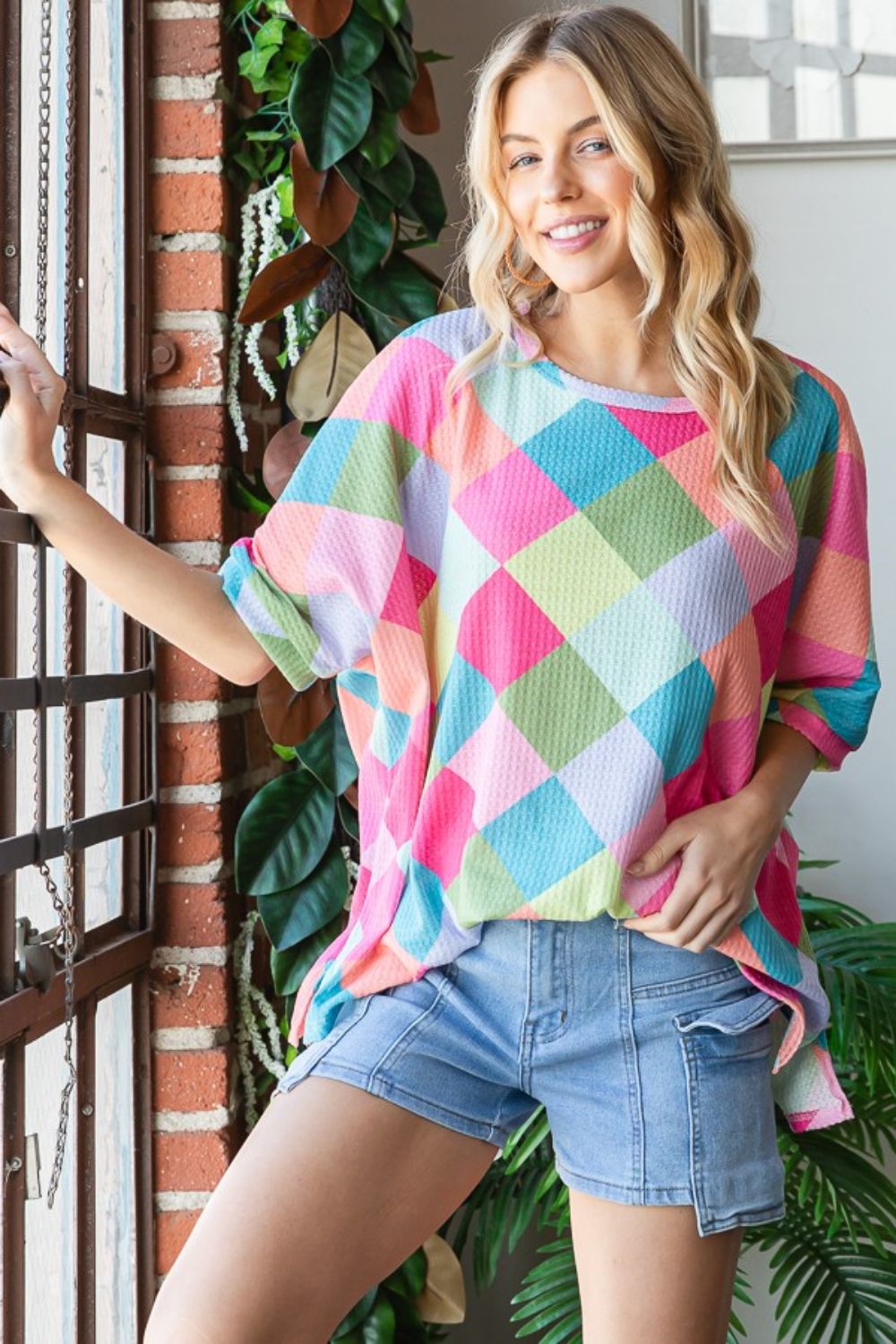 HOPELY Color Block Waffle Oversized T-Shirt   