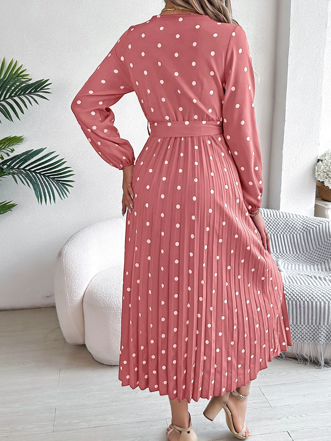 Tied Polka Dot Long Sleeve Midi Dress   