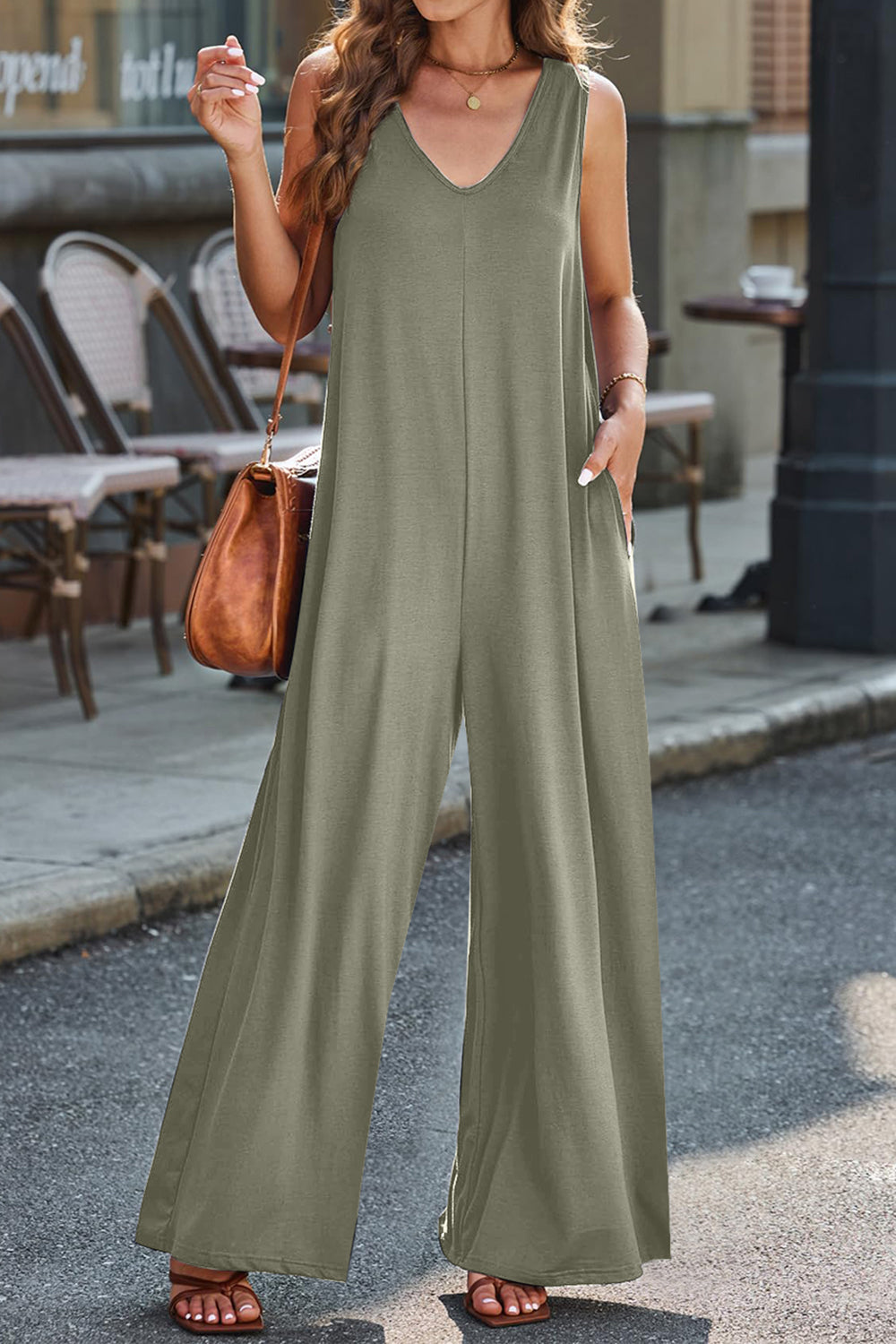 STUNNLY  Full Size V-Neck Wide Strap Jumpsuit   