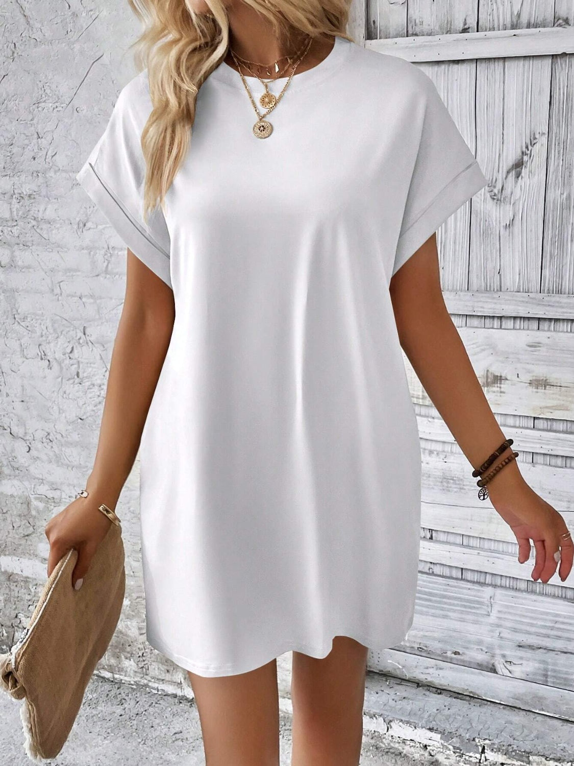 Round Neck Short Sleeve Mini Dress White S 