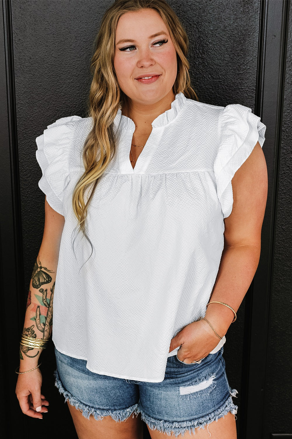 STUNNLY  Plus Size Ruffled Notched Cap Sleeve Blouse   