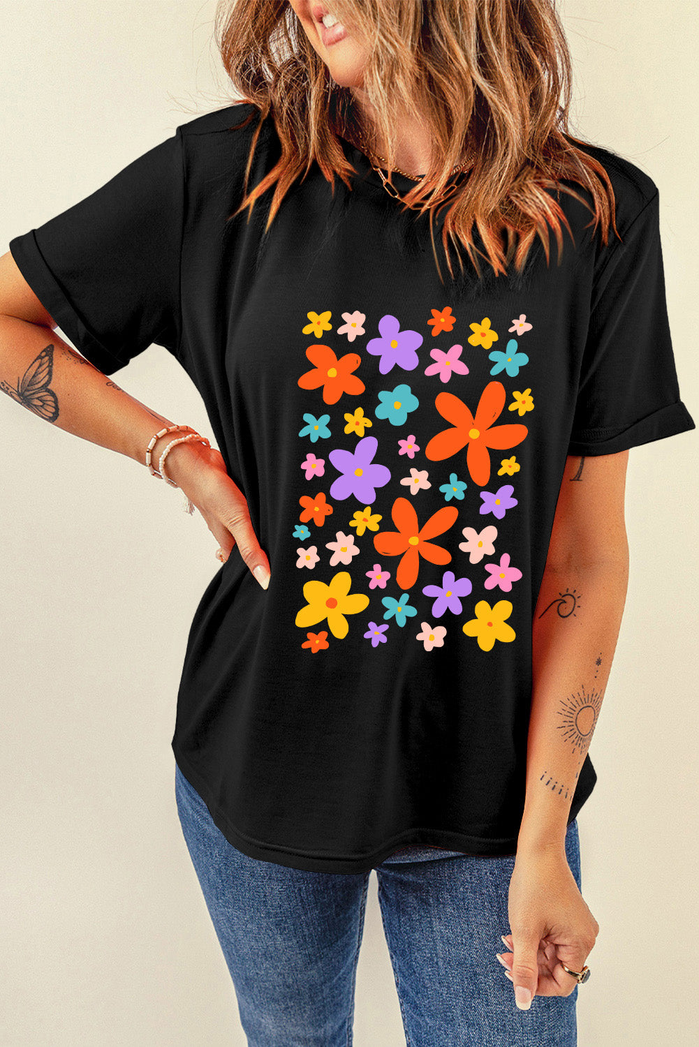 STUNNLY  Flower Graphic Round Neck Short Sleeve T-Shirt   