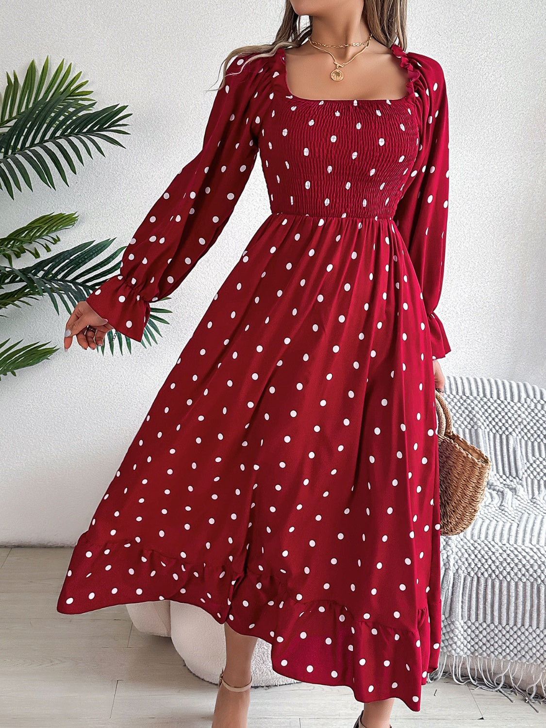 Polka Dot Flounce Sleeve Midi Dress   