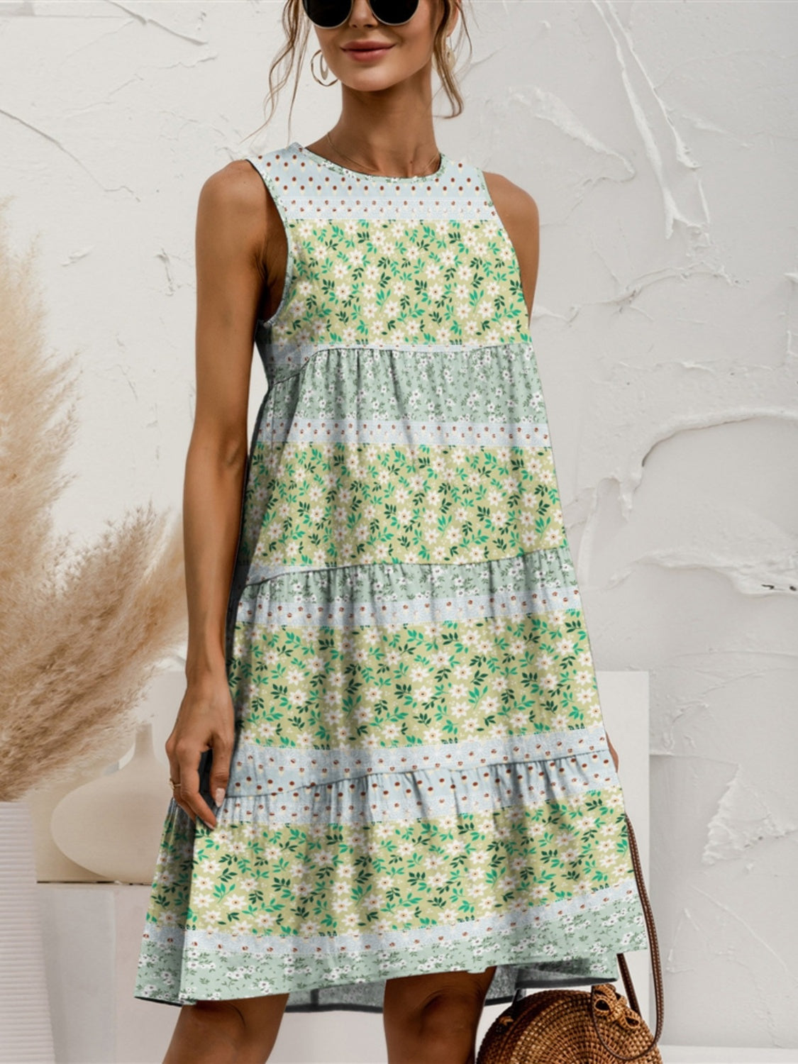 STUNNLY  Tiered Printed Round Neck Sleeveless Dress Gum Leaf S 