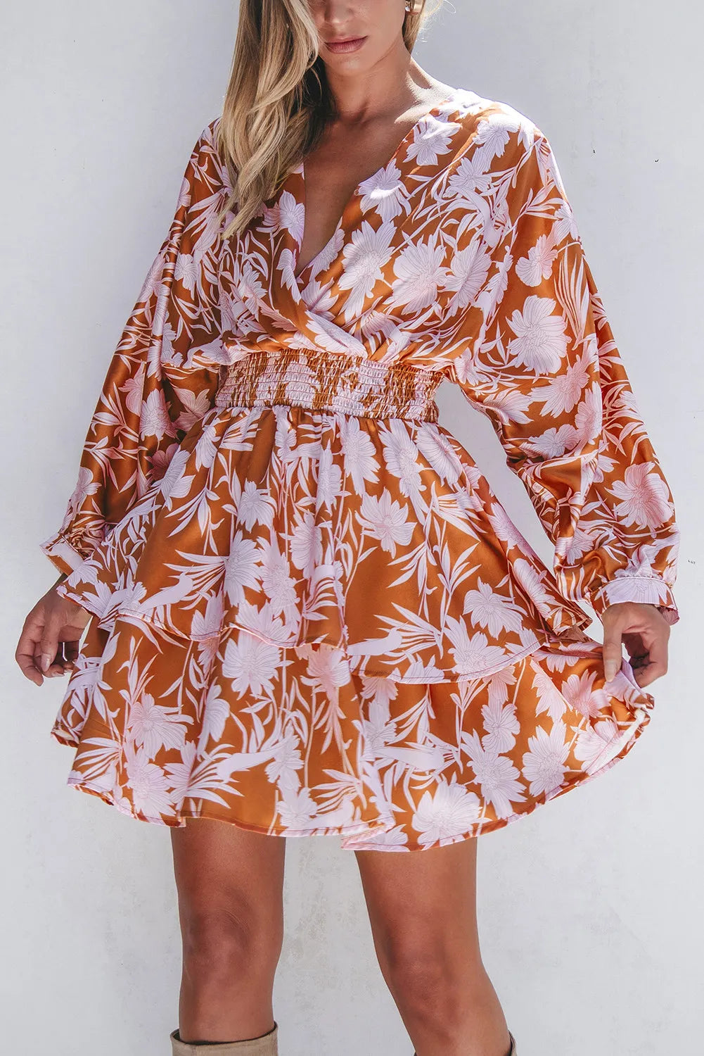 Smocked Printed Long Sleeve Mini Dress Terracotta S 