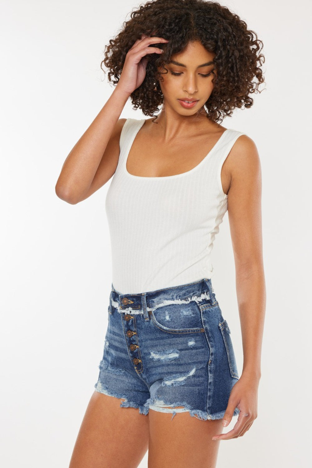 STUNNLY  Kancan Distressed Button Fly Denim Shorts   