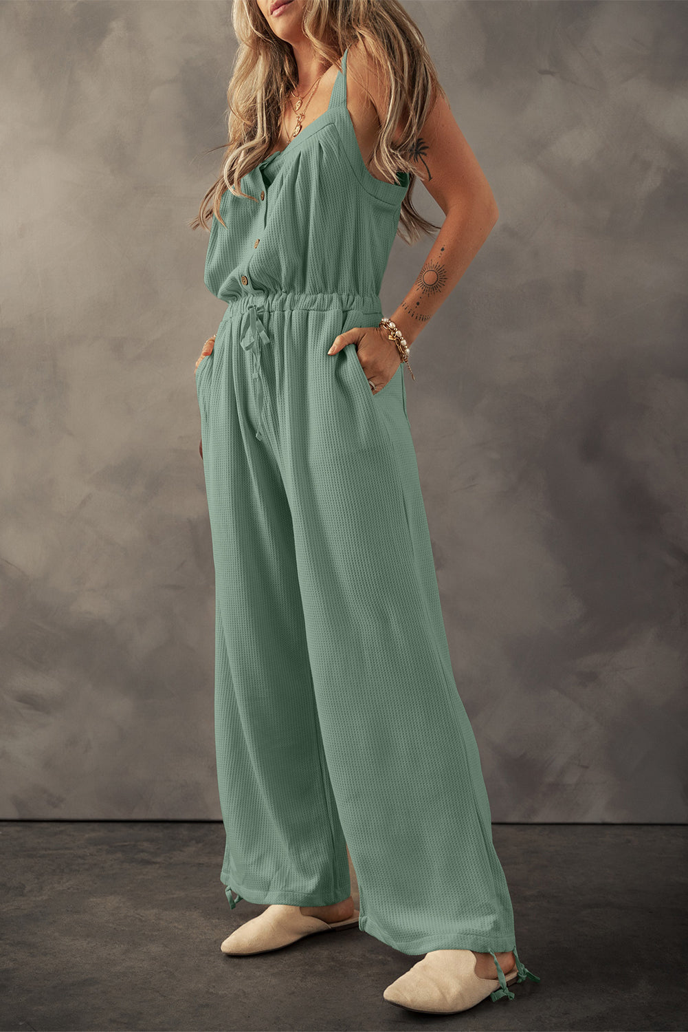 Drawstring Wide Strap Wide Leg Overalls   