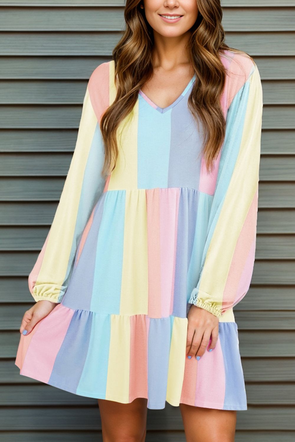 Color Block Long Sleeve Mini Dress Light Blue S 