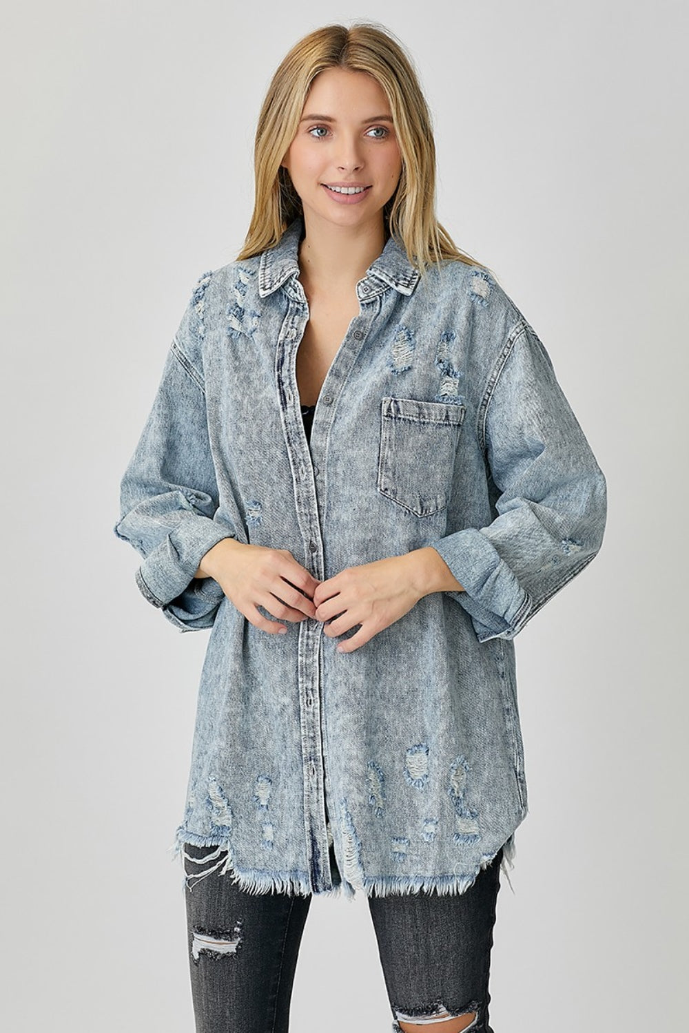 RISEN Distressed Raw Hem Denim Shirt   