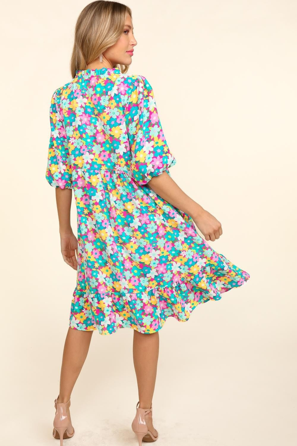 Haptics Bubble Sleeve Floral Ruffled Dress   