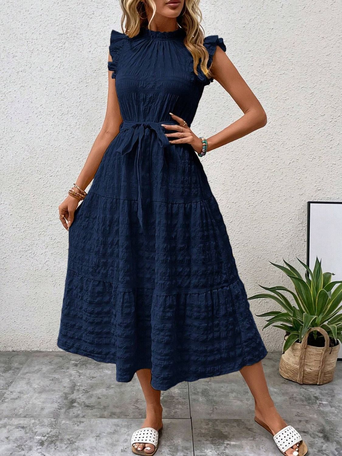 Tied Ruffled Cap Sleeve Midi Dress Dark Blue S 