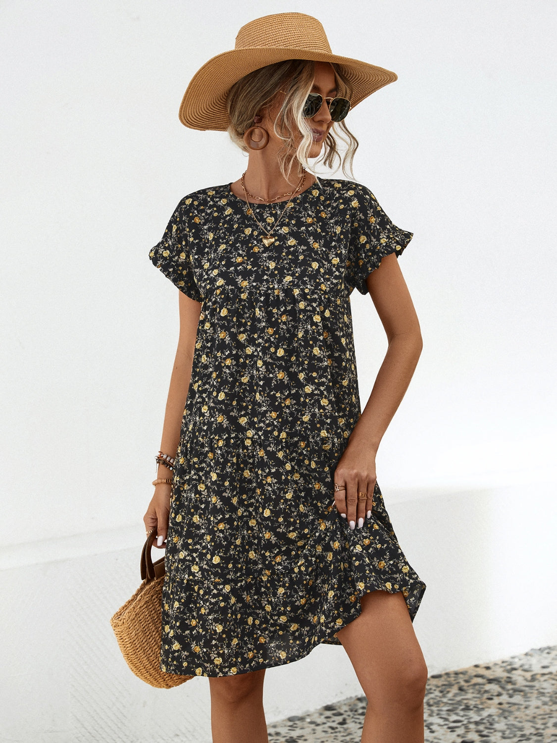 Frill Floral Round Neck Short Sleeve Tiered Dress Black XL 