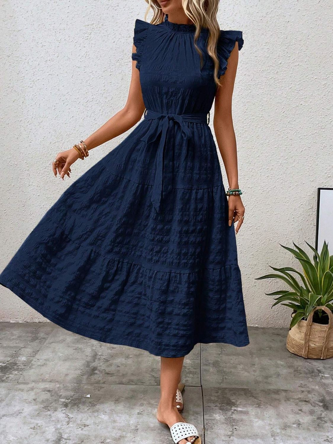 Tied Ruffled Cap Sleeve Midi Dress   