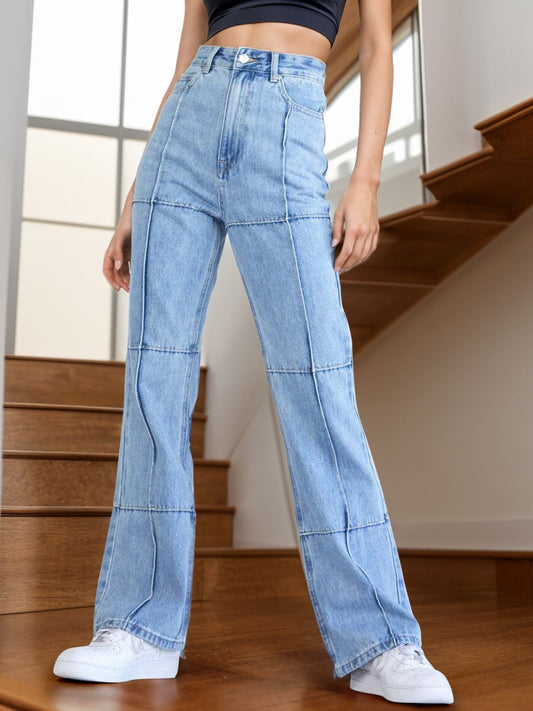 High Waist Straight Jeans with Pockets Light S 