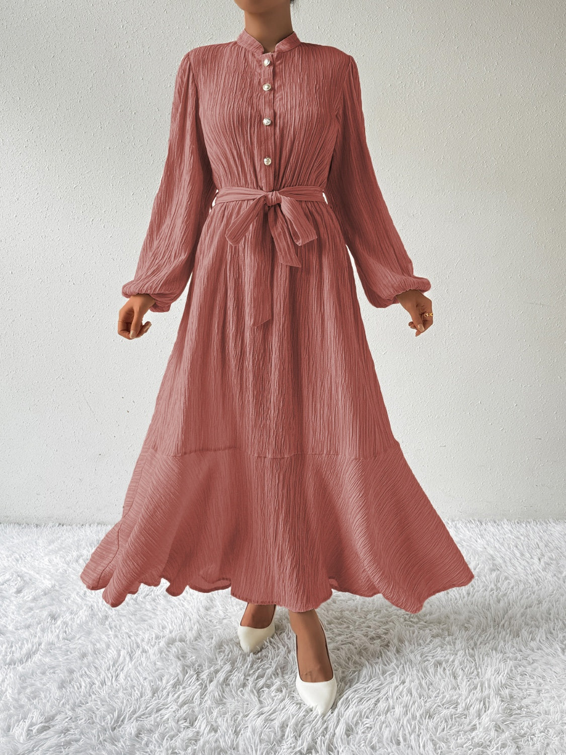 Tie Waist Long Sleeve Dress Dusty Pink S 