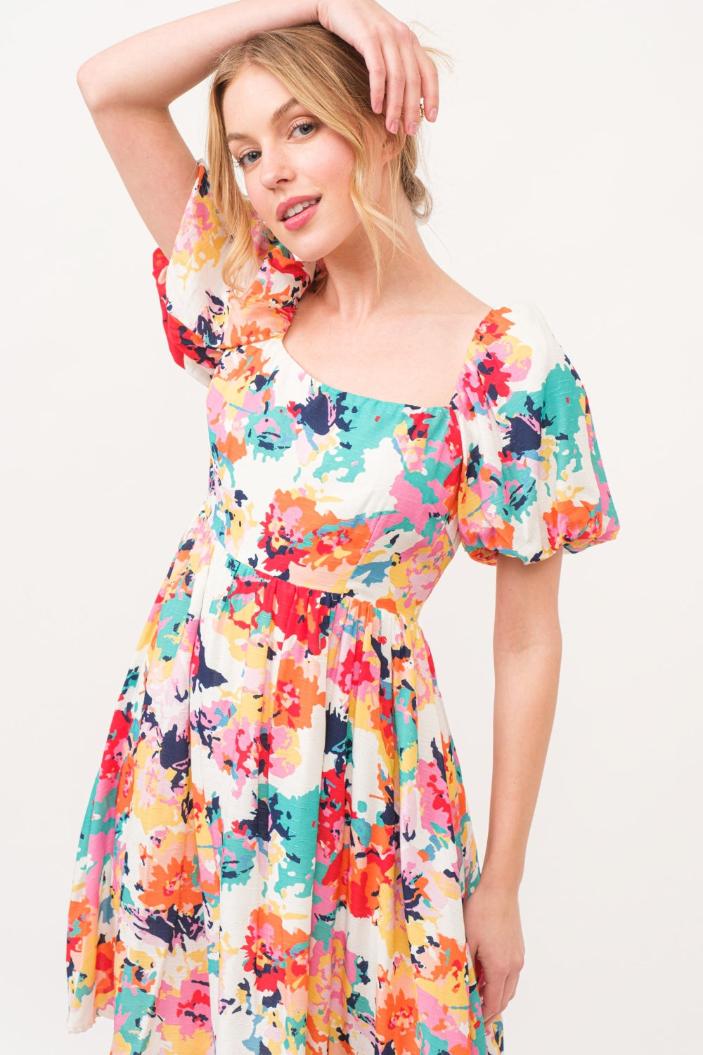 And The Why Square Neck Puff Sleeve Floral Dress   