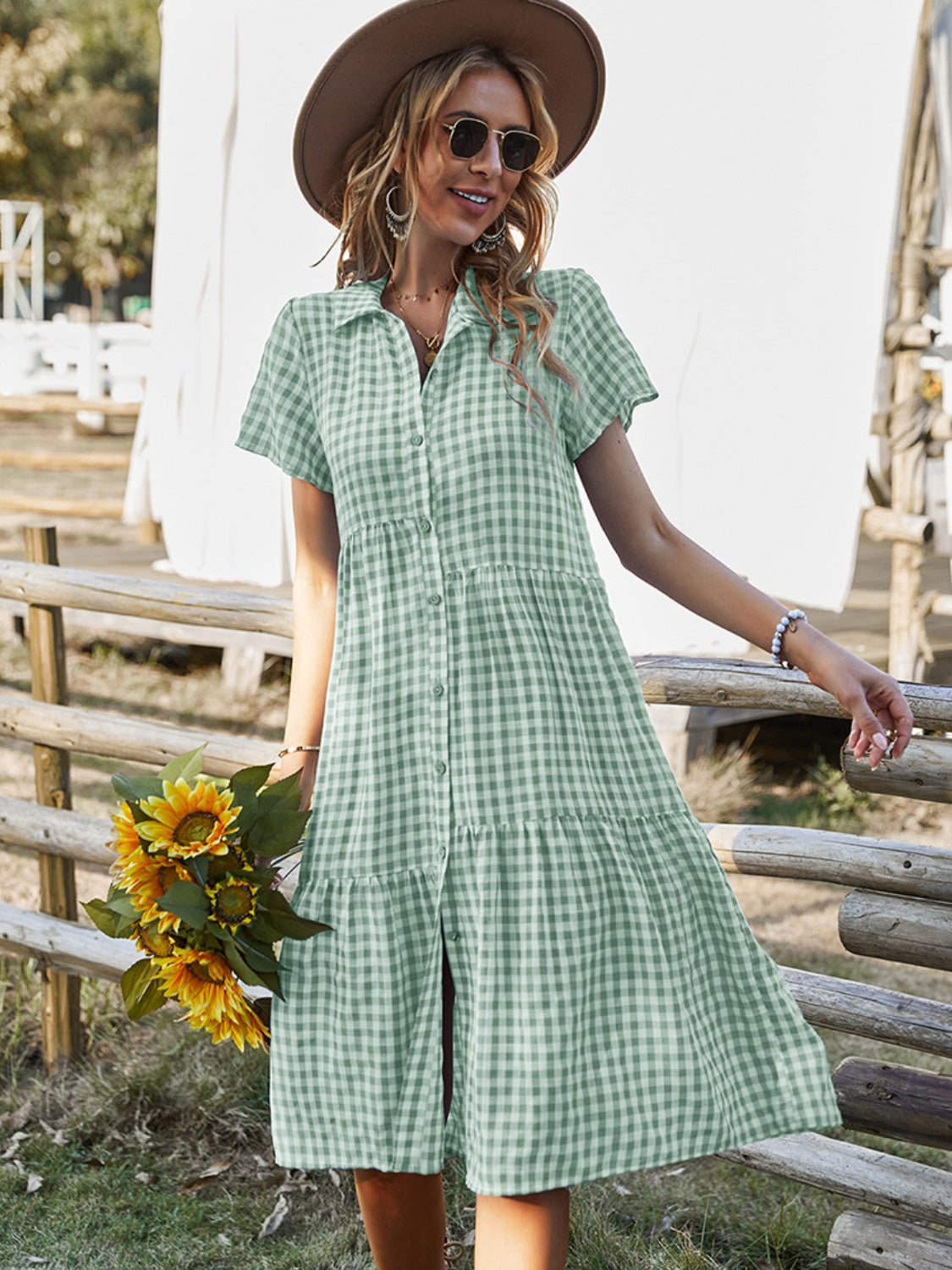 Button Up Plaid Short Sleeve Midi Dress Gum Leaf S 