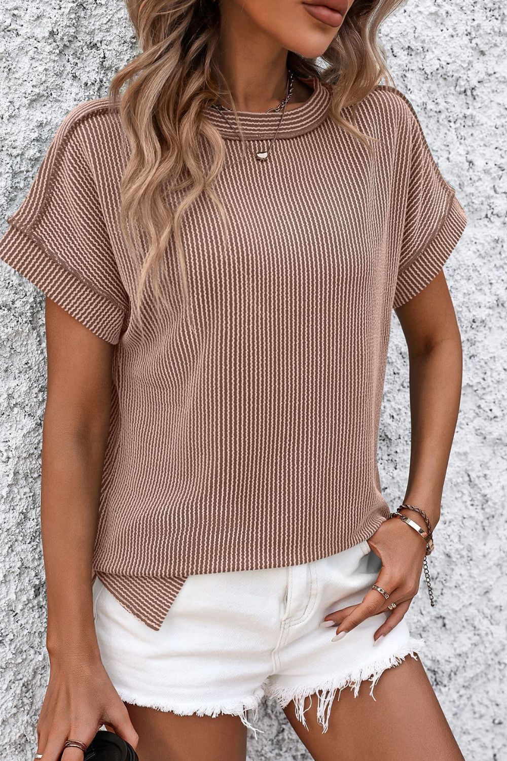 STUNNLY  Striped Round Neck Short Sleeve T-Shirt Camel S 