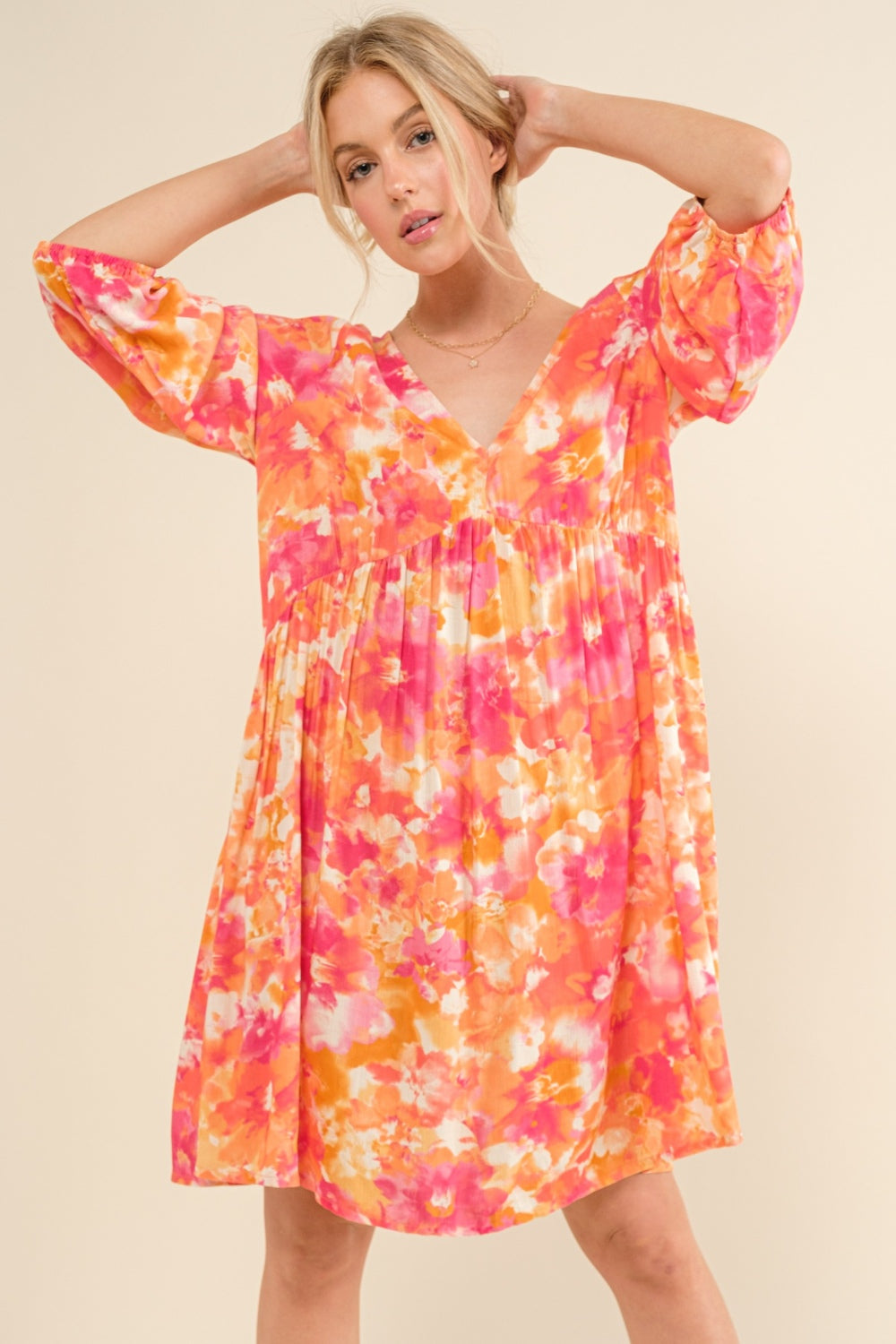 And The Why Full Size Printed Tie Back Long Sleeve Dress   