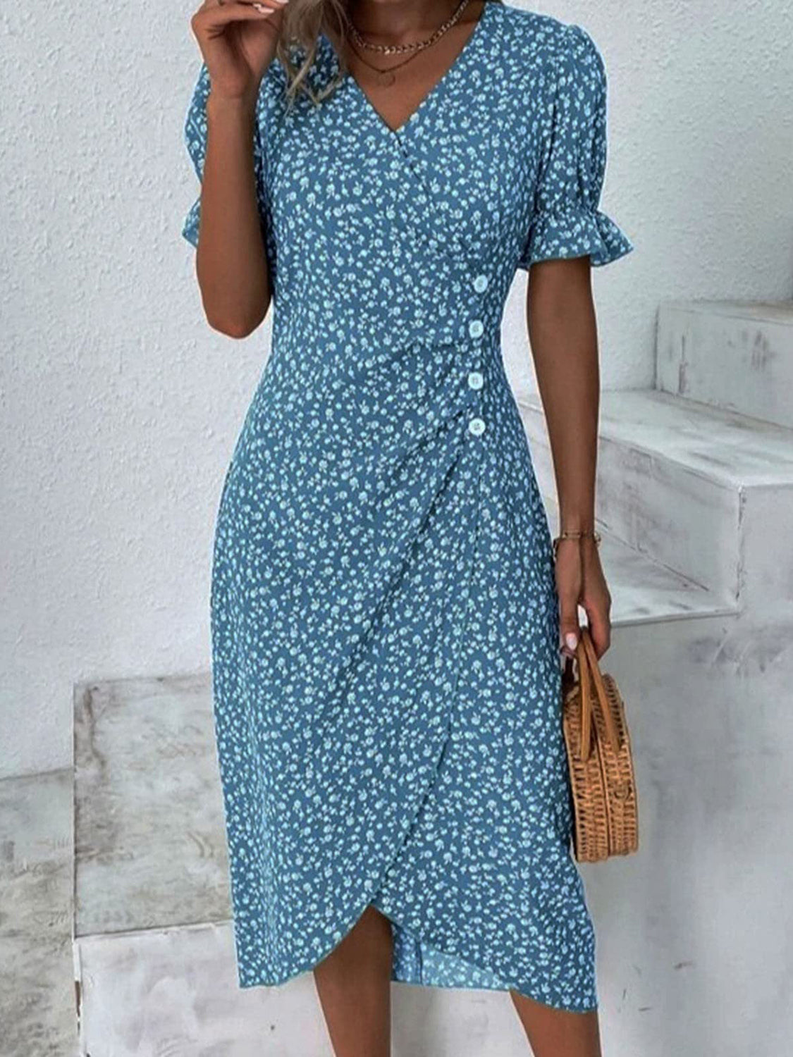 Full Size Printed Surplice Flounce Sleeve Midi Dress Cerulean S 