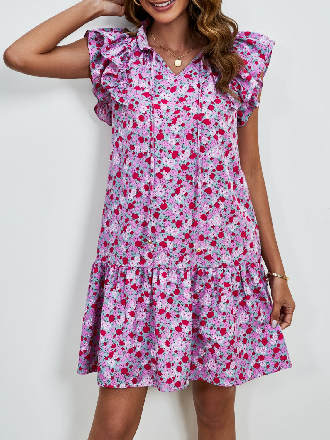 Tied Floral Cap Sleeve Mini Dress   