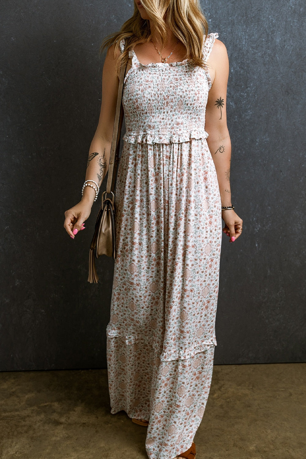 Ruffled Smocked Printed Sleeveless Maxi Dress   