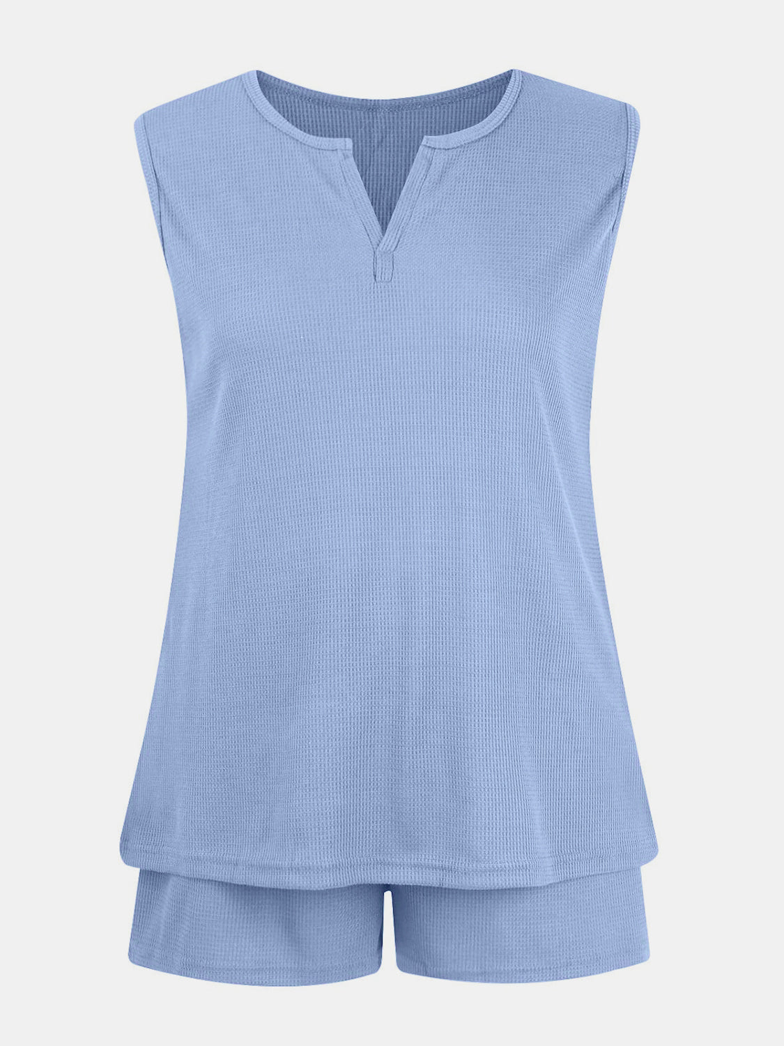 STUNNLY  Full Size Waffle-Knit Notched Top and Shorts Set Misty  Blue S 