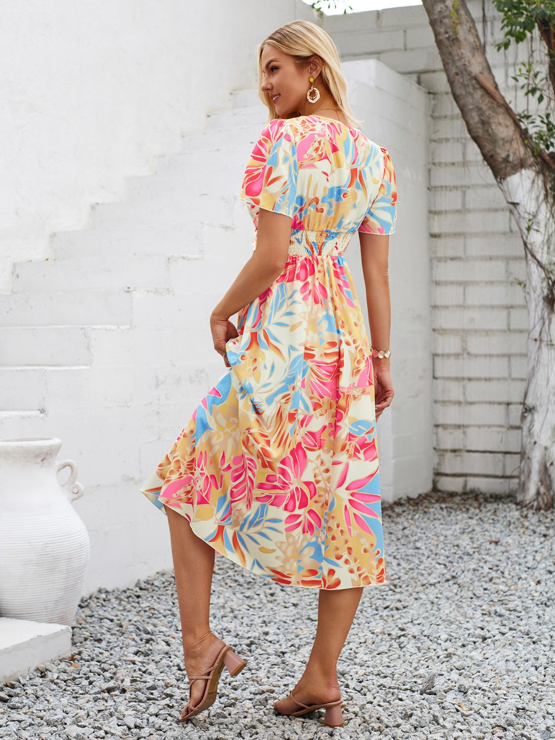 Printed V-Neck Short Sleeve Midi Dress   