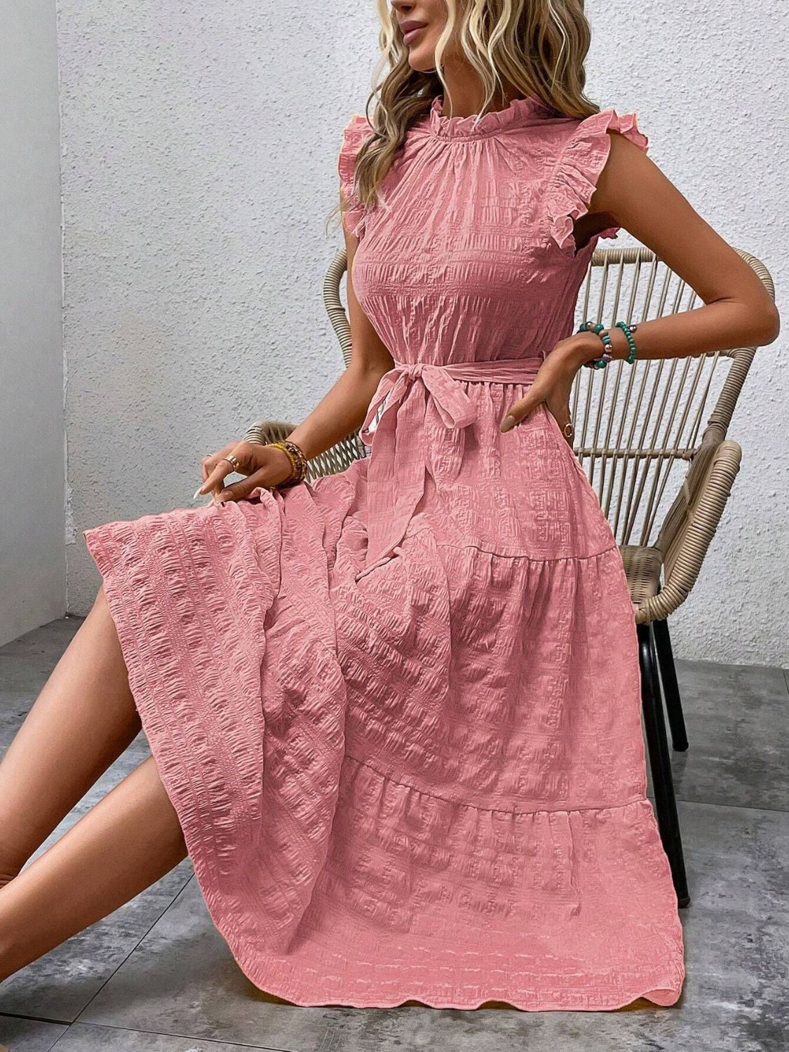 Tied Ruffled Cap Sleeve Midi Dress   