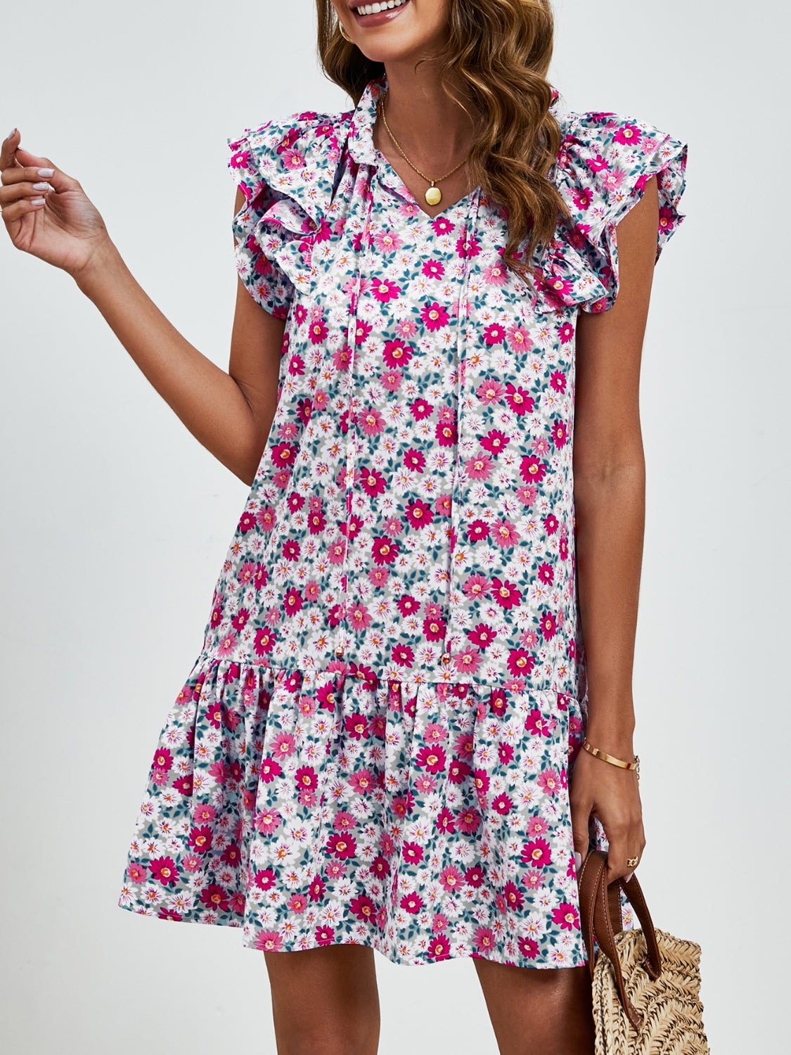 Tied Floral Cap Sleeve Mini Dress   