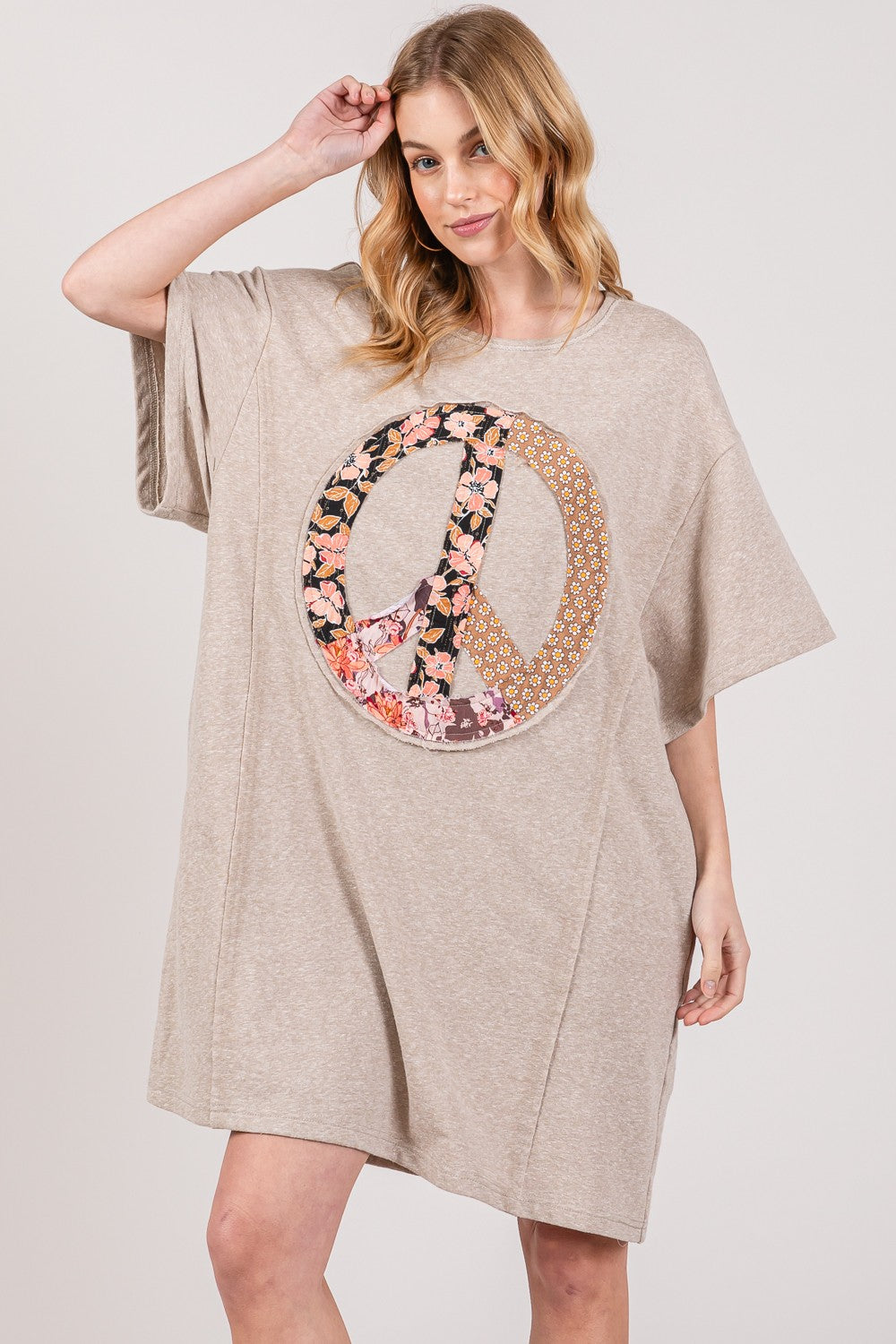 SAGE + FIG Full Size Peace Sign Applique Short Sleeve Tee Dress Oatmeal S 