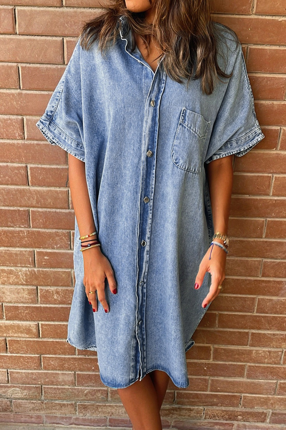 STUNNLY  Pocketed Button Up Half Sleeve Denim Dress   