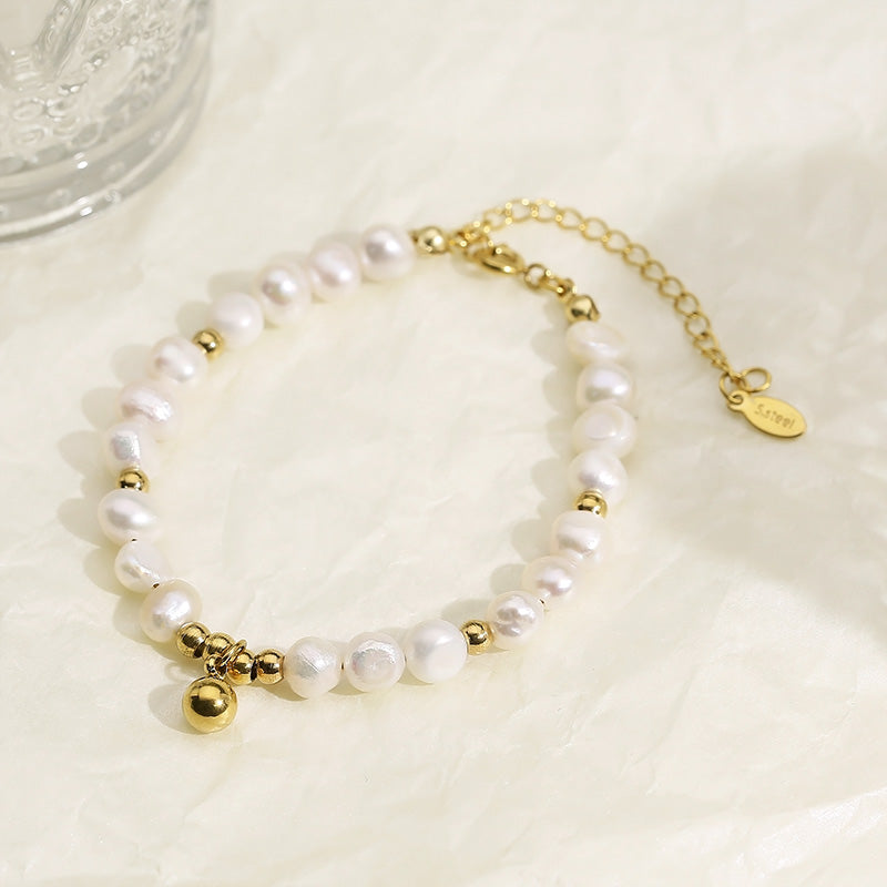 Titanium Steel Freshwater Pearl Bracelet Gold One Size 