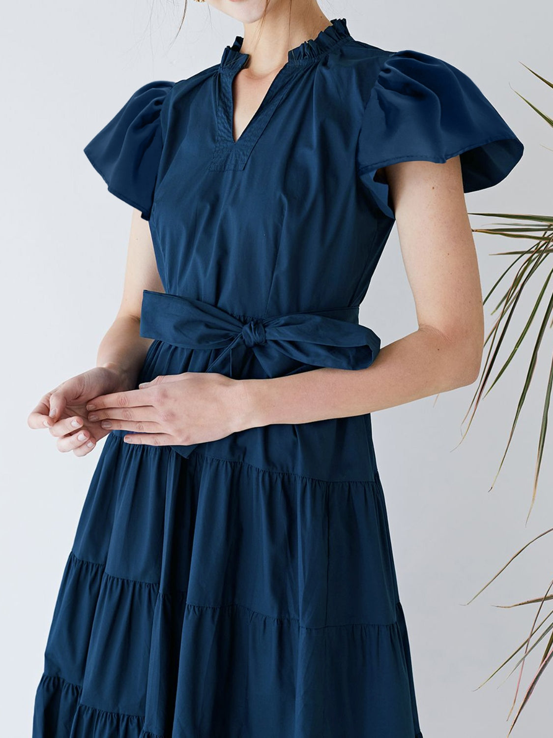 Ruched Tiered Notched Short Sleeve Dress   