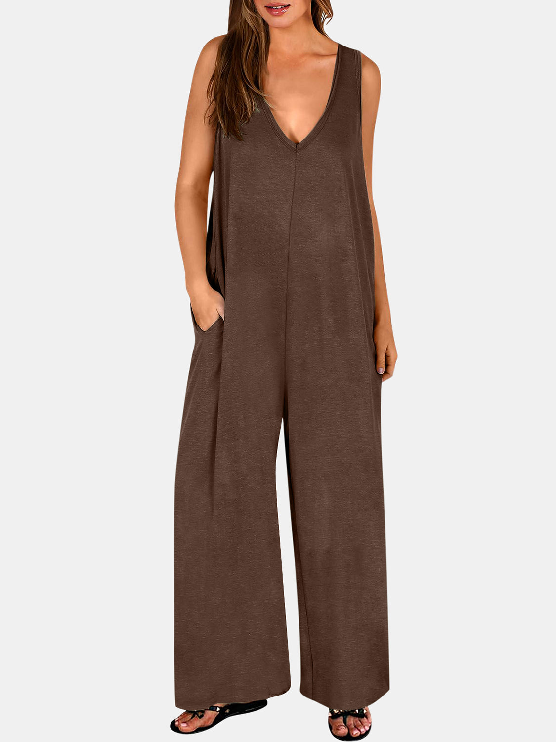 STUNNLY  Full Size V-Neck Wide Strap Jumpsuit Chestnut S 