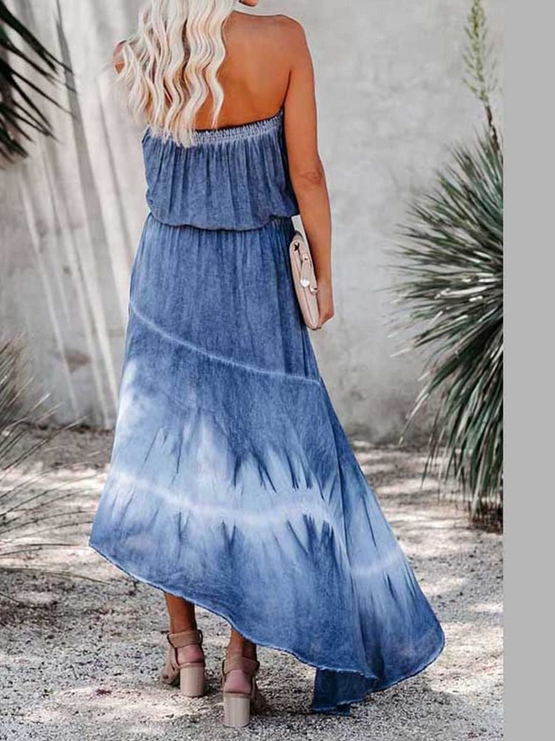 STUNNLY  Smocked High-Low Tube Denim Dress   