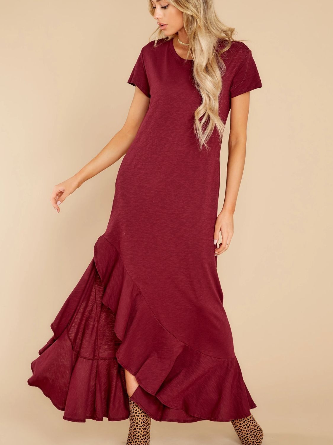 Slit Round Neck Short Sleeve Maxi Dress Burgundy S 