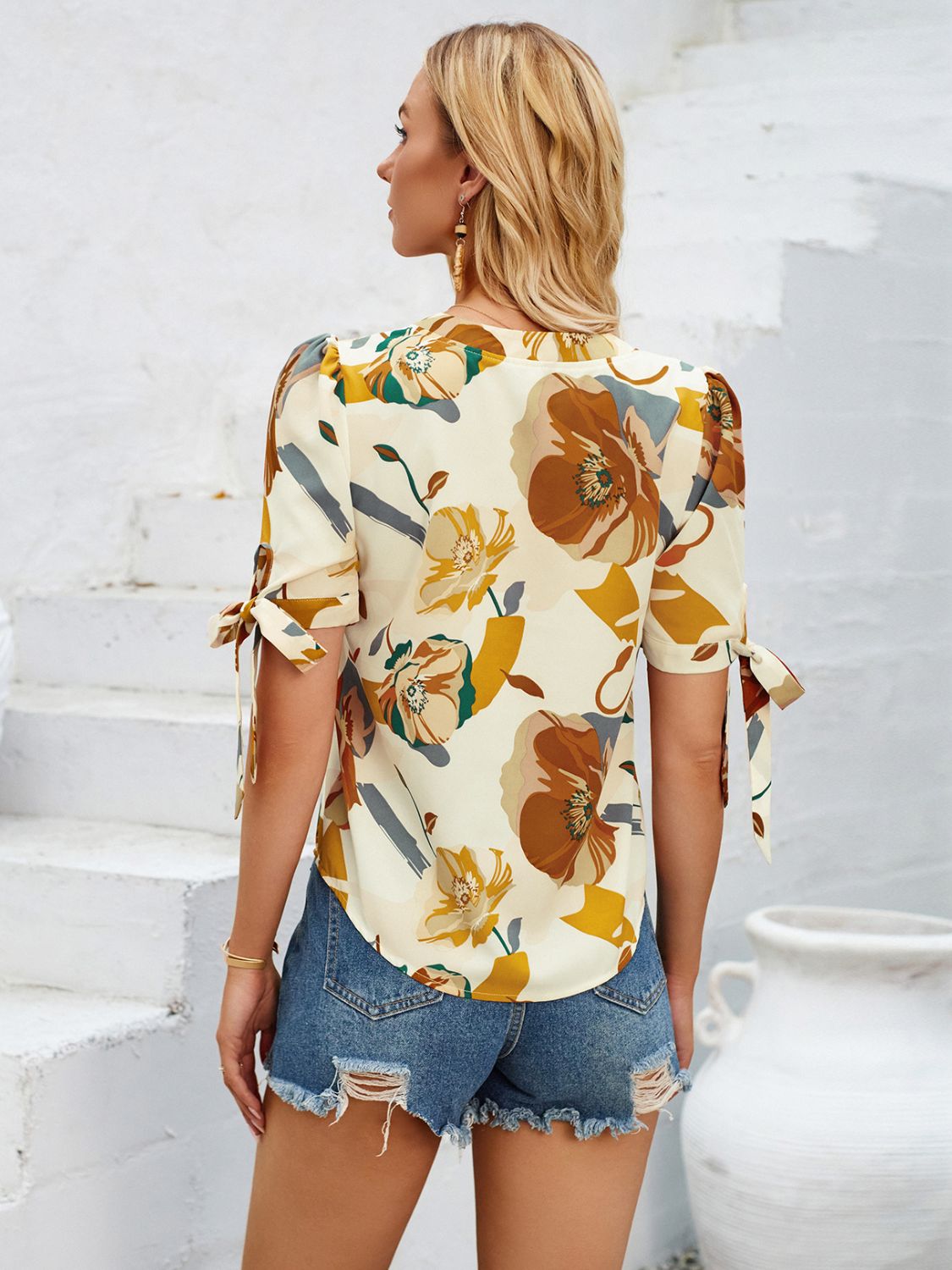 Tied Printed Notched Short Sleeve Blouse   