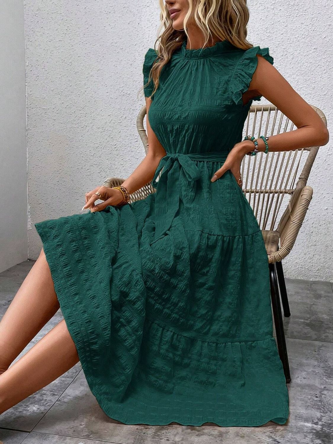 Tied Ruffled Cap Sleeve Midi Dress   