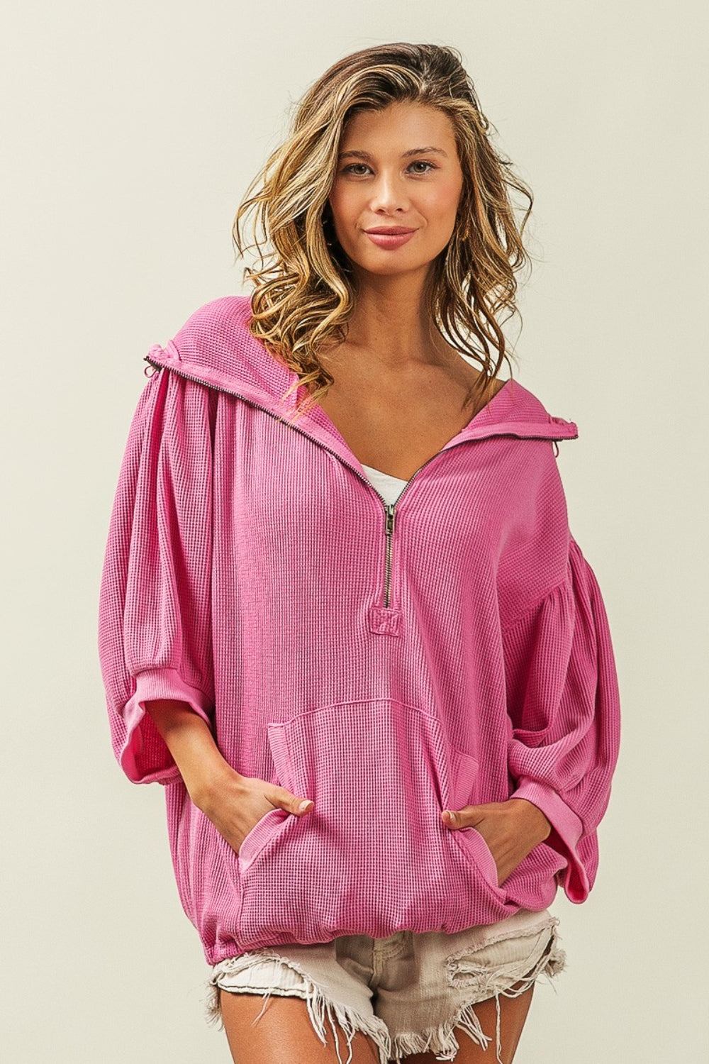 STUNNLY  BiBi Waffle-Knit Half Zip Hooded Top   