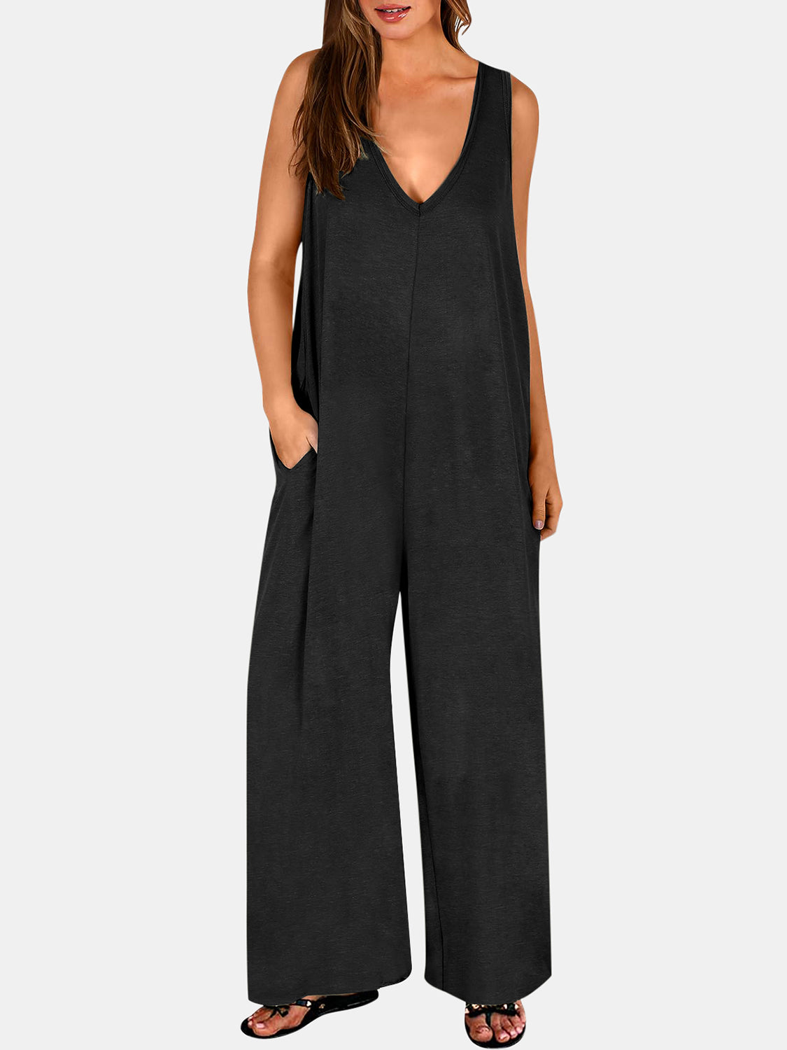 STUNNLY  Full Size V-Neck Wide Strap Jumpsuit Black S 