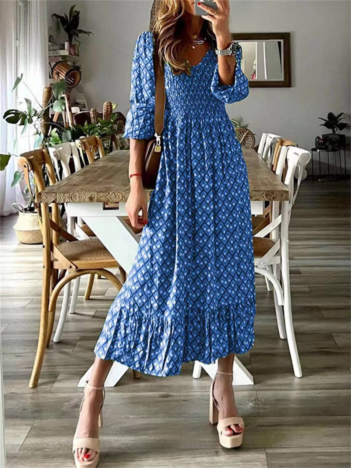 Smocked Printed V-Neck Midi Dress Royal Blue S 