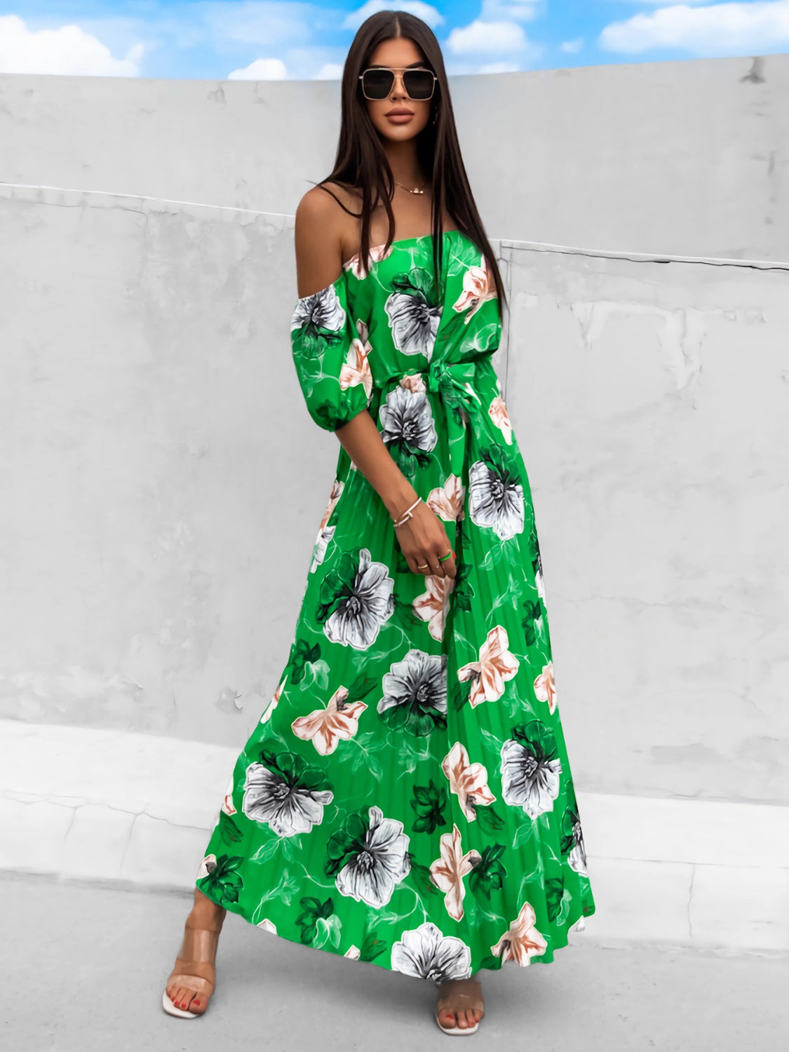 Pleated Floral Off-Shoulder Short Sleeve Midi Dress   